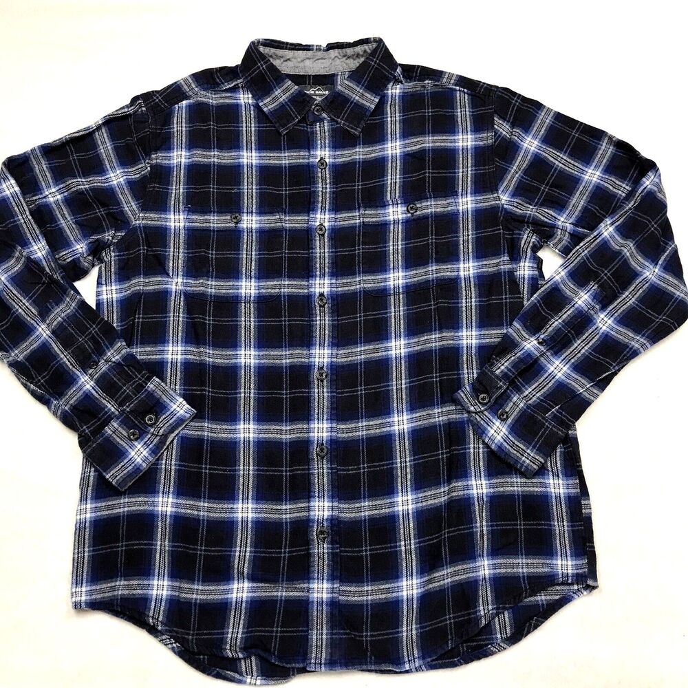 EDDIE BAUER Flannel Shirt Men L Blue Black Window Pane Plaid Grunge Goth Dark